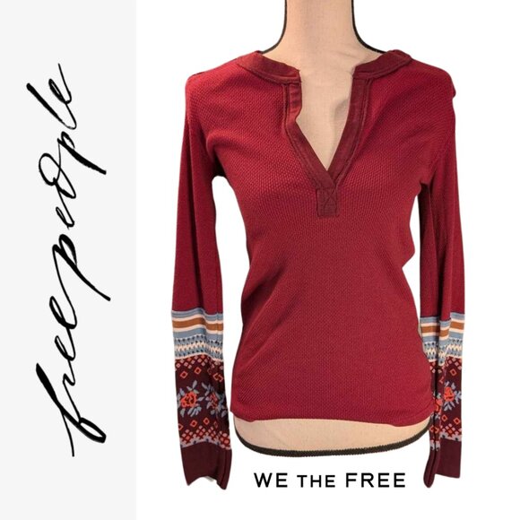 Free People Crochet Sleeves Waffle V- Neck Long Sleeved Shirt - Picture 3 of 5